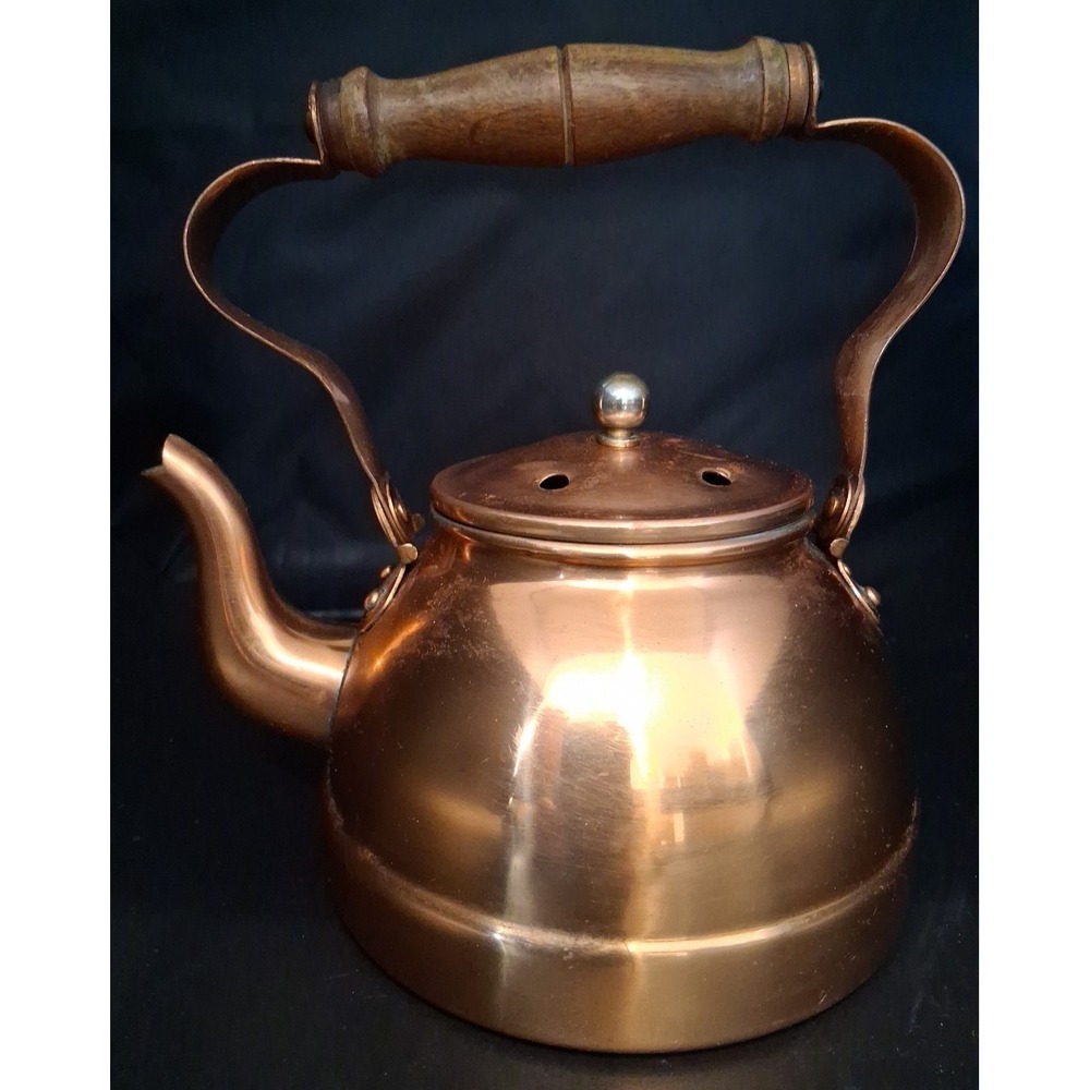 Vintage Copper‎ Kettle Portugal Wood Swivel Handle Goose-neck Spout